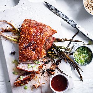 Roasted Pork Belly with Ginger and Spring Onion Dipping Sauce - by Simmone Logue