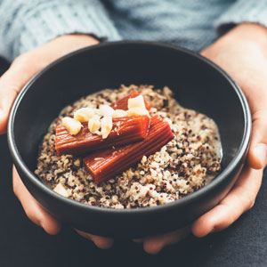 Macadamia Quinoa Porridge with Baked Rhubarb