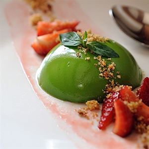 Sweet Basil Panna Cotta with Macerated Strawberries and Brioche Crumbs by Stillwater