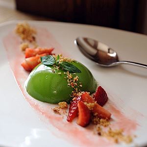 Sweet Basil Panna Cotta with Macerated Strawberries and Brioche Crumbs by Stillwater