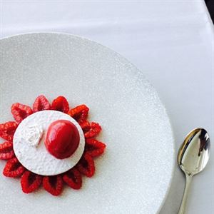 Upside Down Vanilla Custard Tart with Raspberries, Clotted Cream and Raspberry Sorbet - Chef Recipe by Grant Parry