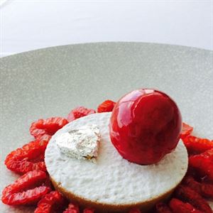 Upside Down Vanilla Custard Tart with Raspberries, Clotted Cream and Raspberry Sorbet - Chef Recipe by Grant Parry