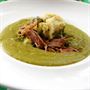Green Pea Soup with Smoked Ham and Creme Fraiche Dumplings