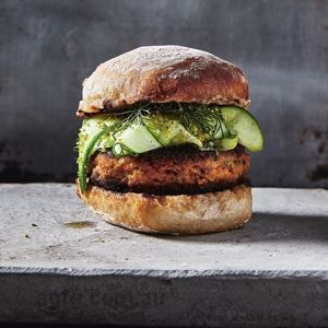 Chickpea and Grilled Pepper Burger with Dill Dunked Cucumber Salad