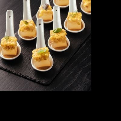 Corn Kombu Gel Canapes with Blue Cheese and Yuzu Miso Sauce - Chef Recipe by Andrew Naudi