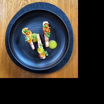 King Prawns, Spiced Peppers, Aged Apple Vinegar, Orange Butter, Pickled Heritage Carrots and Basil - Chef Recipe by Ross Lusted