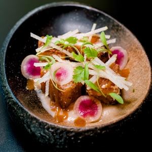 Crispy Pork Belly with Nashi Pear, Wasabi, Watermelon Radish and Smoked Vinegar - Chef Recipe by Adam Lane