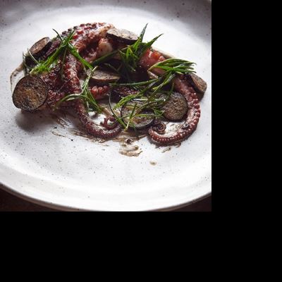 Octopus, Charred Kelp, Green Eggplant and Coastal Succulents - Chef Recipe by Alastair Waddell