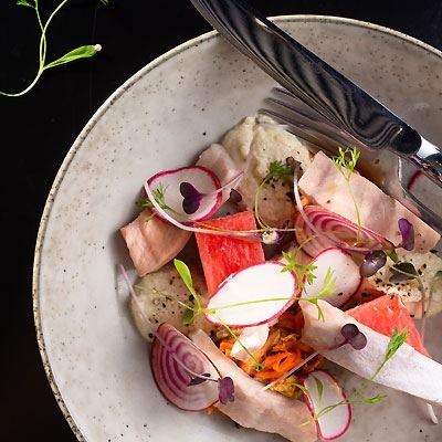 Pickled Salmon with Housemade Kimchi, Whipped Tofu and Watermelon - Chef Recipe by Richard Kerr