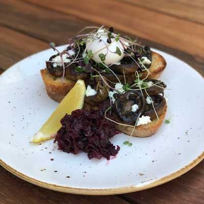 Thyme Roasted Mushrooms with Meredith Goats' Cheese, Beetroot Relish and Poached Egg - Chef Recipe by Nikki Kuijs