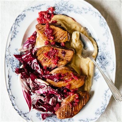 Parsnip Puree with Duck Breast, Radicchio and Cranberry Relish