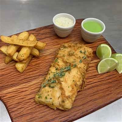 Battered Snapper Fillet, Triple-cooked Chips, Pea Purée and Tartar Sauce - Chef Recipe by Marcel Schulter