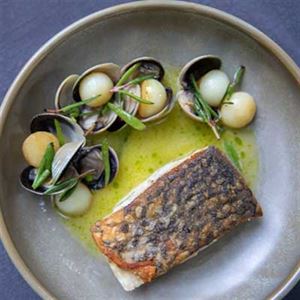 Barramundi, Sea Clams, Foraged Greens and Whey Sauce - Chef Recipe by James Egan.