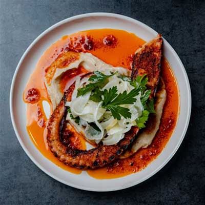 Char-grilled Abrolhos Octopus, Cauliflower Puree, Fennel Salad and Sobresada - Chef Recipe by Stuart Laws.