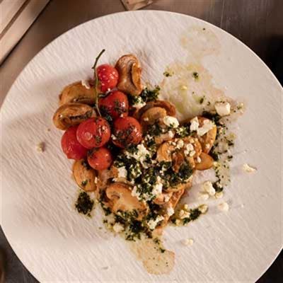 Balsamic Mushrooms on Sourdough Toast with Blistered Cherry Tomatoes, Feta and Basil Oil - Chef Recipe by Jason Roberts.