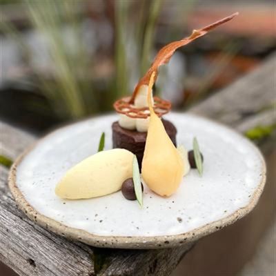 Chocolate and Parsnip Pudding, Pear, Limoncello Semifreddo, Rosemary Chocolate Spheres - Chef Recipe by James Pethybridge