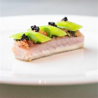 Seared Bonito with Torched Cucumber, Caviar and Finger Limes - Recipe by Chef Daniel Cabban