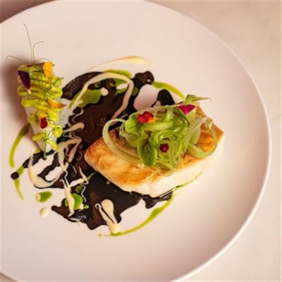North Queensland Coral Trout with Stuffed Baby Squid, Celery Oil and Squid Ink Veloute - Chef Recipe by Luca Spagnolo