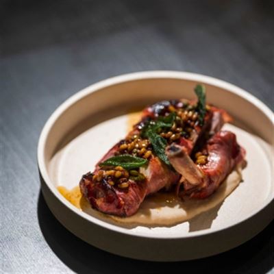Prosciutto Wrapped Pork Cutlet, White Bean Puree and Pan Sauce - Chef Recipe by Joshua Askew