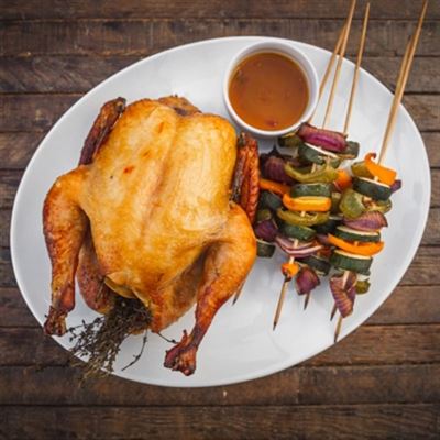 Whole Smoked Chicken with Mediterranean Vegetables Skewers - Recipe by Sarah Glover 