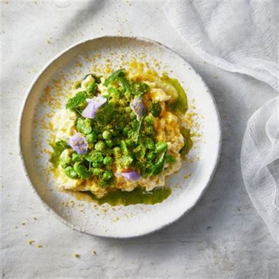Burrata Curd with Peas, Broad Beans and Bottarga - Recipe by Colin Wood 
