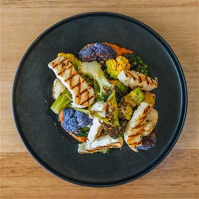 Charred Brassicas with Romesco and Halloumi - Chef Recipe by Mathew Kinghorn.
