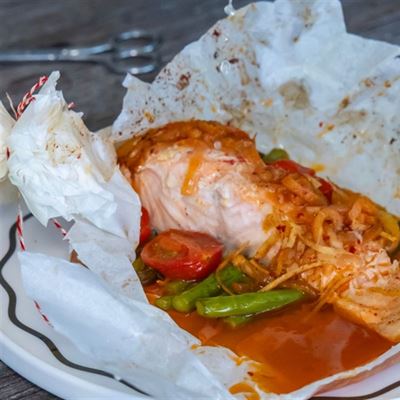 Salmon en Papillote (in paper) Baked with Kimchi Prawn Head Butter - Chef Recipe by Guy Turland