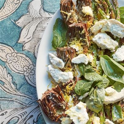 Grilled Asparagus and Artichokes with Goats' Cheese and Lemon Oil 