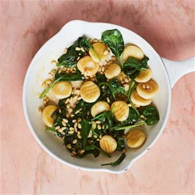 Pan-fried Gnocchi with Brown Butter, Pine Nuts & Spinach - Recipe by Laura Strange