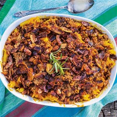 Creamy Butternut Squash Pasta, Coconut Bacon and Gingersnap Crumble - Recipe by Natalie Nikki Rodriguez