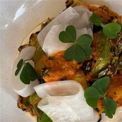 Brussels, Romesco, Whipped Tofu and Pickled Daikon - Chef Recipe by Bianca Palmer