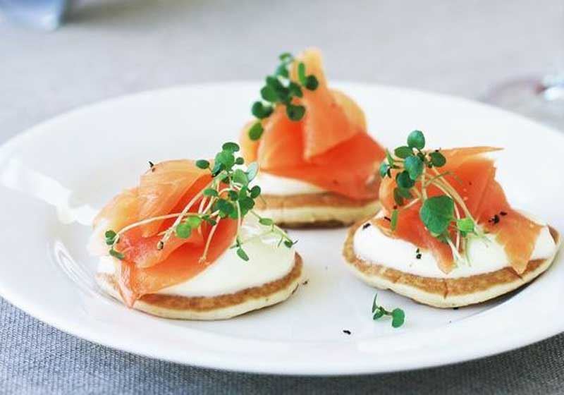 Mini Pikelets with Smoked Salmon and Creme Fraiche