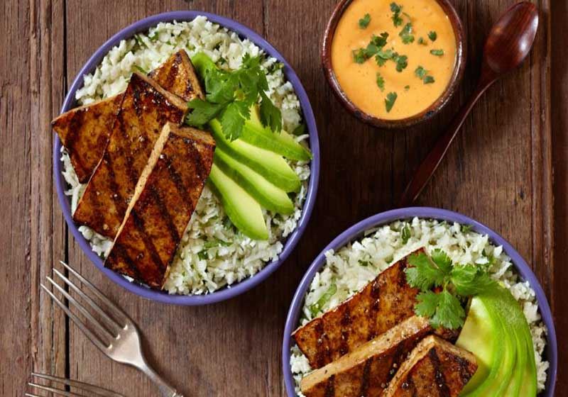 Grilled Balsamic Tofu with Cauliflower Cilantro Rice and Avocado