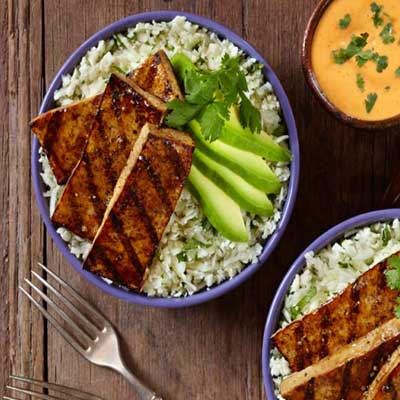 Grilled Balsamic Tofu with Cauliflower Cilantro Rice and Avocado