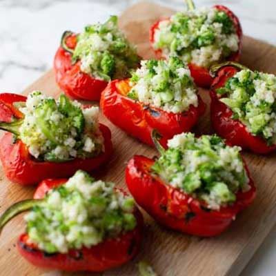 Roasted Red Capsicum Stuffed with Broccoli and Maple Tabouli