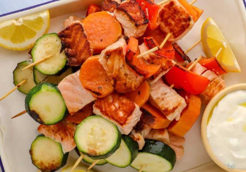 Salmon Skewers with Zucchini, Capsicum and Sweet Potato