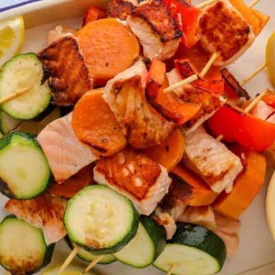 Salmon Skewers with Zucchini, Capsicum and Sweet Potato