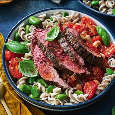 Char-grilled Kangaroo with tomato and broad bean pasta