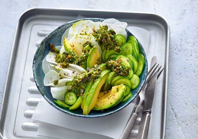 Morning Bowl with Cucumber, Radish & Pistachio Pesto - Recipe by Dr Thomas Kurscheid