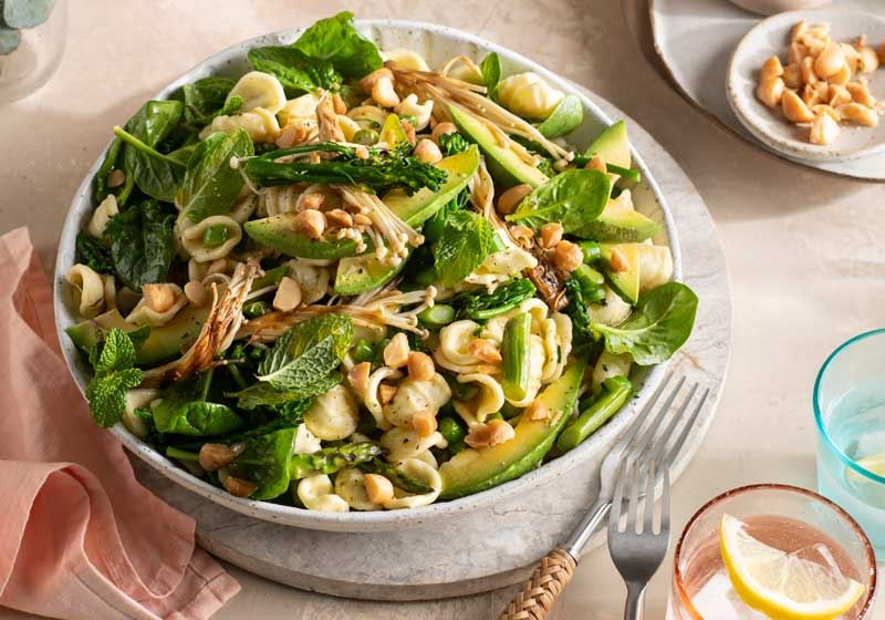 Orecchiette, Grilled Greens and Macadamia Nut Salad - Recipe by Janelle Holston