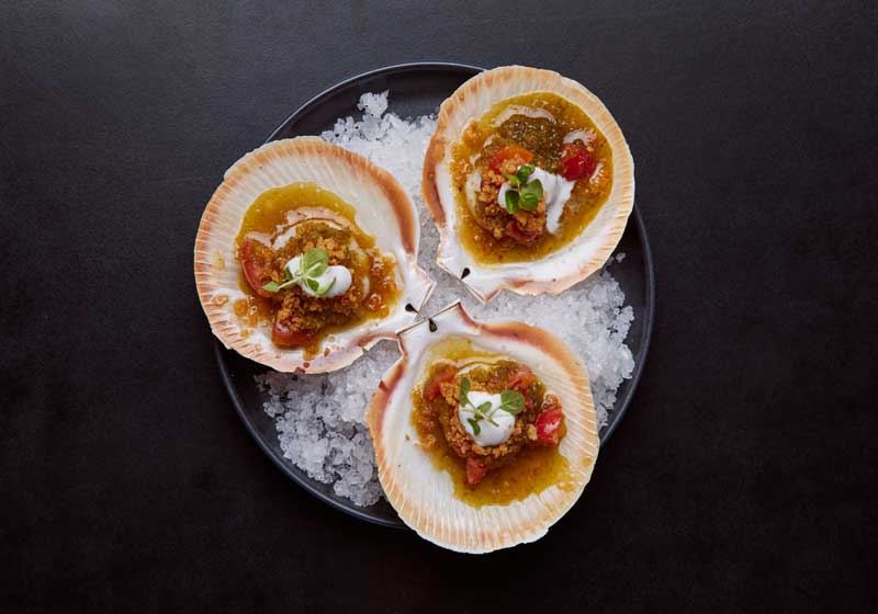 Half Shell Scallops, Cherry Tomato, Nam Jim and Cassava Crumbs - Chef Recipe by Don Park