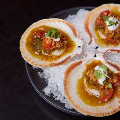 Half Shell Scallops, Cherry Tomato, Nam Jim and Cassava Crumbs - Chef Recipe by Don Park