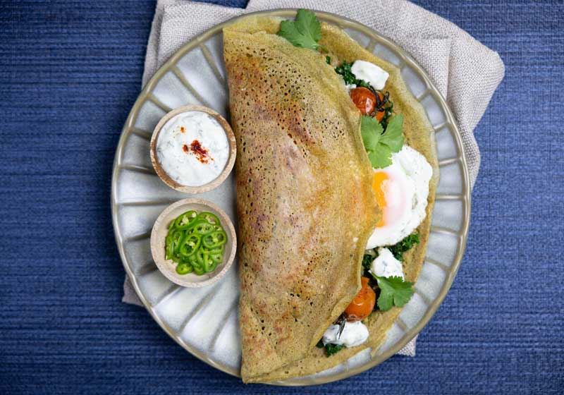 Dosa with Kale, Roast Tomatoes, Raita and Fried Egg - Recipe by Professor Luigi Fontana