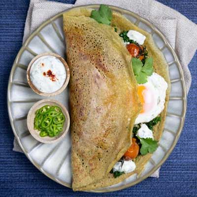 Dosa with Kale, Roast Tomatoes, Raita and Fried Egg - Recipe by Professor Luigi Fontana