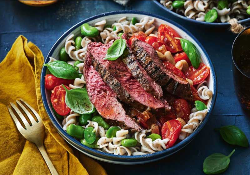 Tomato and Broad Bean Pasta with Char-grilled Kangaroo