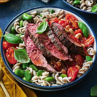 Tomato and Broad Bean Pasta with Char-grilled Kangaroo