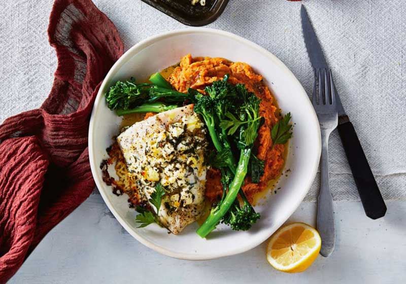 Herb and Feta Lemon Myrtle Barramundi with Sweet Potato Mash