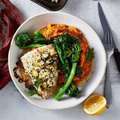 Herb and Feta Lemon Myrtle Barramundi with Sweet Potato Mash