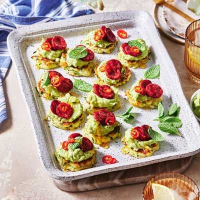 Halloumi, Zucchini and Mint Fritters with Chorizo