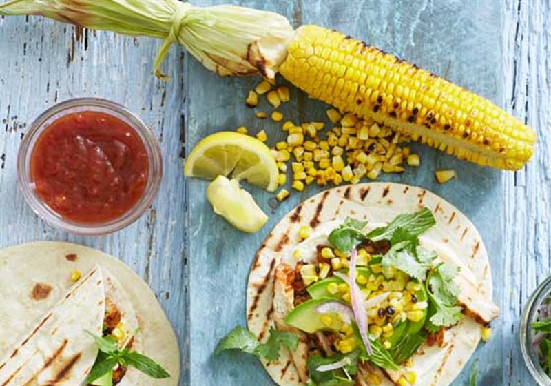 Smoky Char-grilled Chicken Tortillas with Grilled Corn & Herb Salad